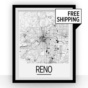 Pôster do mapa de Reno - Impressão de mapa de Nevada - Série Art Déco