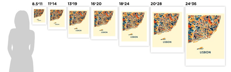 May include: A colorful map of Lisbon, Portugal, printed on a white background. The map is available in various sizes, ranging from 8.5 inches by 11 inches to 24 inches by 36 inches.