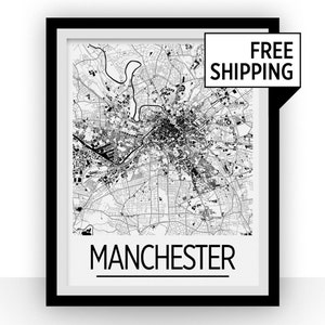 Manchester mapa Poster - impresión de mapa Reino Unido - Art Deco serie