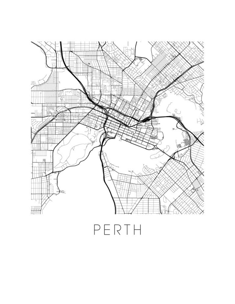 Perth Map Black and White Print Australia Black and White Etsy