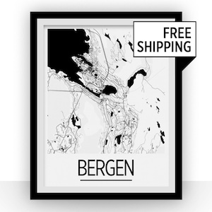 Bergen Map Poster - norway Map Print - Art Deco Series