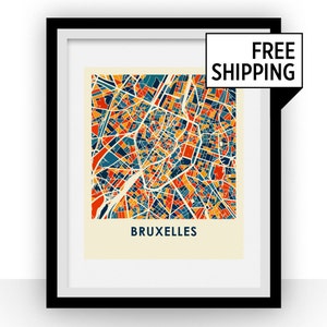 Carte de Bruxelles Estampe - affiche carte polychrome