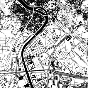 Puede incluir: Mapa a&eacute;reo en blanco y negro de una ciudad con un r&iacute;o que serpentea a trav&eacute;s de ella. El mapa muestra calles, edificios y parques.