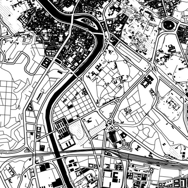 Puede incluir: Mapa a&eacute;reo en blanco y negro de una ciudad con un r&iacute;o que serpentea a trav&eacute;s de ella. El mapa muestra calles, edificios y parques.