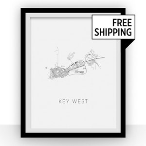 Key West kaart zwart en wit Print - florida zwart-wit kaart afdrukken