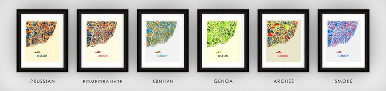 May include: Six framed prints of a colorful map of Lisbon, Portugal. The prints are in different color palettes: Prussian blue, pomegranate red, green, yellow, blue and red, and blue. Each print has the word "Lisbon" printed in red at the bottom.