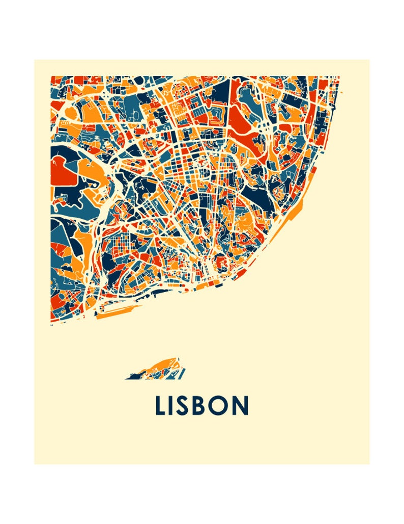 May include: A colorful map of Lisbon, Portugal, with a vintage style. The map is made up of different colored blocks, with the city's streets and landmarks outlined in black. The word "LISBON" is printed in bold, blue letters at the bottom of the map.
