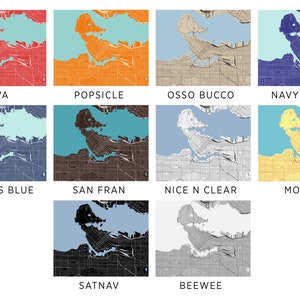 K&ouml;nnte beinhalten: Eine Collage aus zehn verschiedenen Farbvarianten einer Karte einer Stadt mit einem Gew&auml;sser. Die Stadt ist wei&szlig; umrandet und das Wasser ist hellblau. Die Farbvarianten umfassen Rot, Orange, Gelb, Blau, Gr&uuml;n, Braun, Grau, Schwarz und Wei&szlig;.