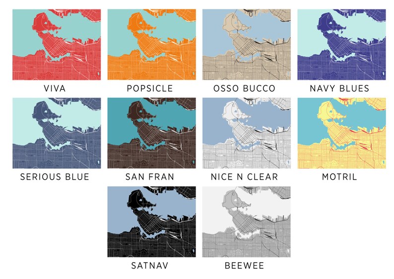 K&ouml;nnte beinhalten: Eine Collage aus zehn verschiedenen Farbvarianten einer Karte einer Stadt mit einem Gew&auml;sser. Die Stadt ist wei&szlig; umrandet und das Wasser ist hellblau. Die Farbvarianten umfassen Rot, Orange, Gelb, Blau, Gr&uuml;n, Braun, Grau, Schwarz und Wei&szlig;.