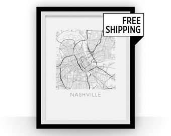 Może przedstawiać: Czarno-biały wydruk liniowy mapy Nashville w stanie Tennessee. Wydruk jest oprawiony w czarną ramę i zawiera napis "NASHVILLE" wydrukowany pod mapą.