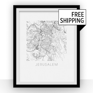 Jerusalem Map Black and White Print - israel Black and White Map Print