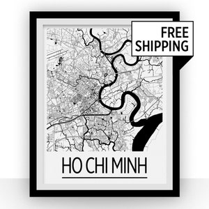Ho Chi Minh mapa Poster - vietnam mapa grabado - Art Deco serie