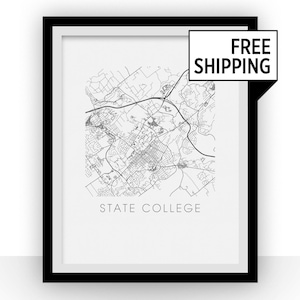 State College kaart zwart en wit Print - pennsylvania zwart-wit kaart afdrukken