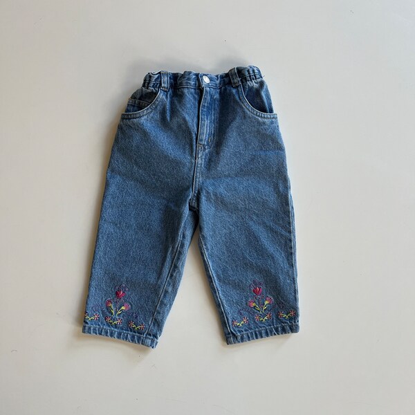 Vintage 90s Jeans Girl Y2K Baby Girl Denim Cherokee Light Blue with Floral Embroidery at Hem Stonewash Blue Jeans Baby Girl Toddler Jeans