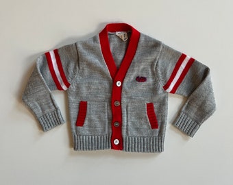 Vintage Varsity Prep Toddler Vintage Gray and Red Acrylic Knit Cardigan Sweater Preppy Toddler Boy Classic Style Sweater