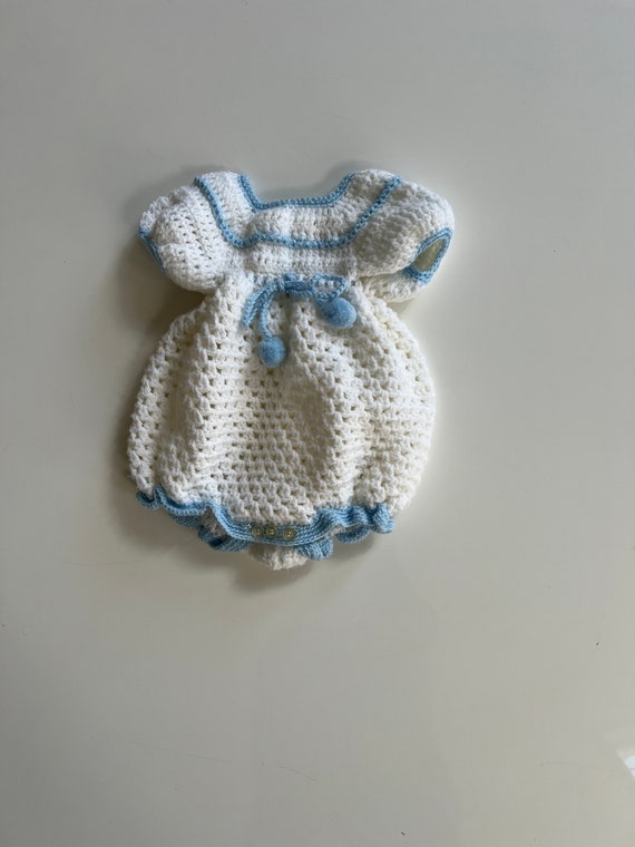 Vintage Handmade Crochet Knit Romper Baby White C… - image 1