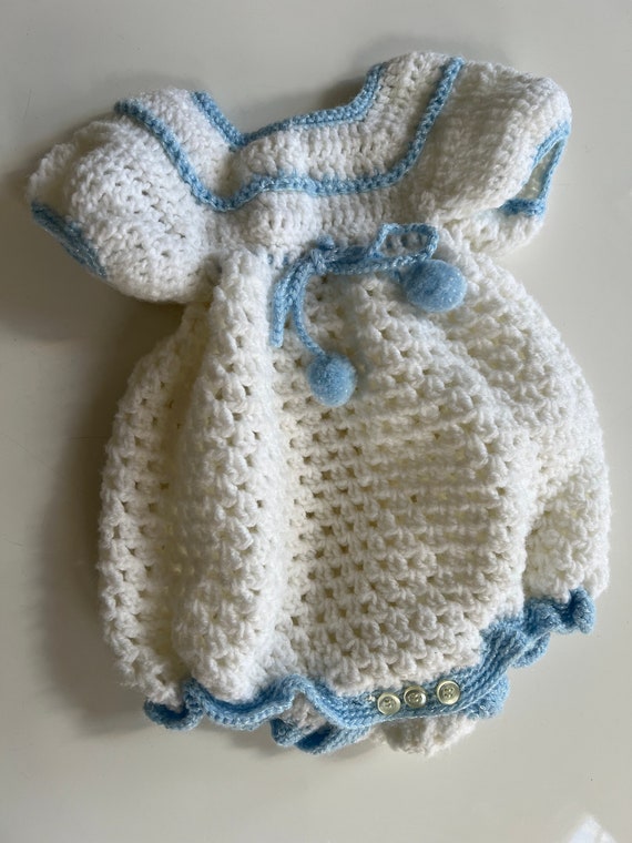 Vintage Handmade Crochet Knit Romper Baby White C… - image 5