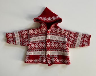 Vintage Nordic Style Red Cardigan for Baby by Clayeaux Made in France Knit Sweater Jacket Scandanavian Baby Cardigan Red with Triangles