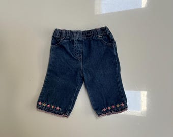 Vintage 90s Baby Girl Jeans Frilly Pink Hem and Floral Embroidered Trim Y2K Baby Girl Pants Flowers Pink
