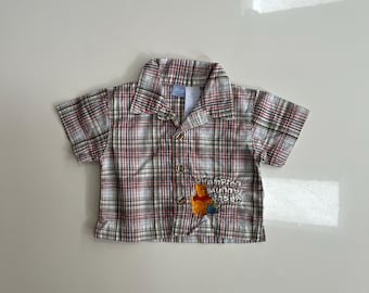 Vintage Short Sleeve Plaid Button Down with Winnie the Pooh Embroidery Champion Hunny Eater Y2K Pooh Bear Clothing Baby Spring Summer Boy