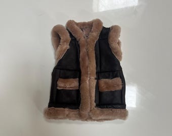 Vintage Brown Leather and Faux Fur Trim Patchwork Vest Toddler Winter Vest Ski Trip Aspen Bound Seiss Alos Montana Ski Toddler Chic NYC