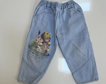 Vintage 80s Stonewash Loose Fot Jeans Toddler Girl Light Stonewash Denim Baggy Fit Elastic Waist Lion and Bear Friends Florals Puffy Paint