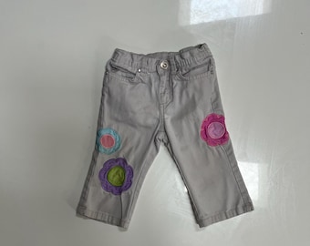 Vintage Y2K Khaki Cotton Pants Straight Leg with Pastel Floral Applique and Rhinestone Grommets and Snap by Circo Baby Girl Y2K Pants