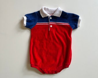 Vintage Velvet Romper Baby Boy Red White and Blue Summer Olympics USA Team Baby Go Team Go America Athlete Romper Summer Boy Baby Healthtex