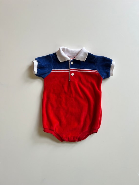 Vintage Velvet Romper Baby Boy Red White and Blue 