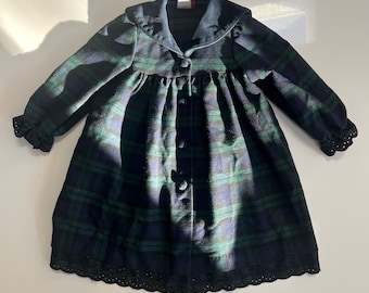 navy blue and green plaid dress Vintage Deep Long Sleeve Rayon Polyester With Covered Buttons by Good Lad 80s Toddler Girl School Dress Navy Devil