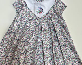 Vintage Cotton Floral Dress Cap Sleeve Tea Length Below Knee Preppy New England Cottage Core Chic Cotton Day Dress Young Girl 5T 6X School