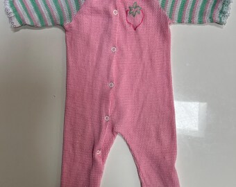 Vintage 80s Baby Girl Pink Waffle Footie Snap Front with Pistachio Green Striped Arms and Lace Trim Collar and Strawberry Baby Girl Berry