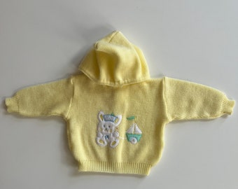 Vintage Acrylic Knit Yellow Baby Sweater with Bear Pulling Boat Toy 80s Baby Sweater Yellow Vintage Baby Knits Baby Gifts Yellow Unisex