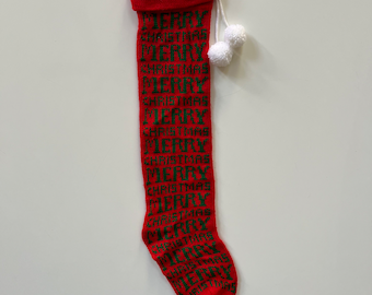 Vintage Stocking 80s Knit Christmas Stocking Red with Green Merry Christmas Message Retro Christmas Hipster Christmas Nostalgic Holiday
