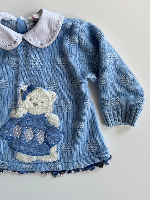 Vintage Blue Knit Sweater with White Hearts Blue … - image 3