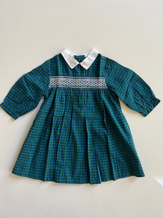 Vintage Plaid Holiday Dress 3T Girl Green and Blu… - image 1