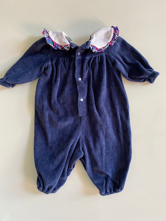 Vintage Navy Blue Velour Romper with Floral Detai… - image 2