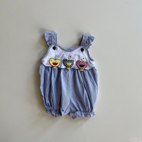 Vintage Blue Baby Girl Romper Pin Striped Bubble Romper Spring Baby Birds Gingham Birdies in Primary Colors Sunsuit Baby Girl Summer