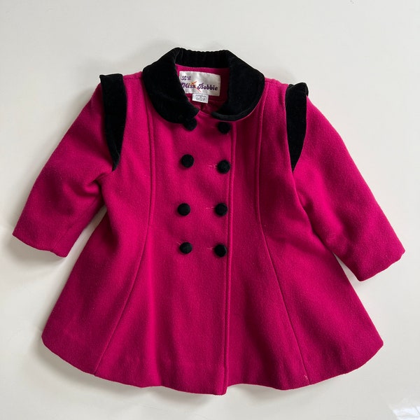 Vintage Fuchsia Wool Double Breasted Dress Coat Black Velvet Collar and Buttons