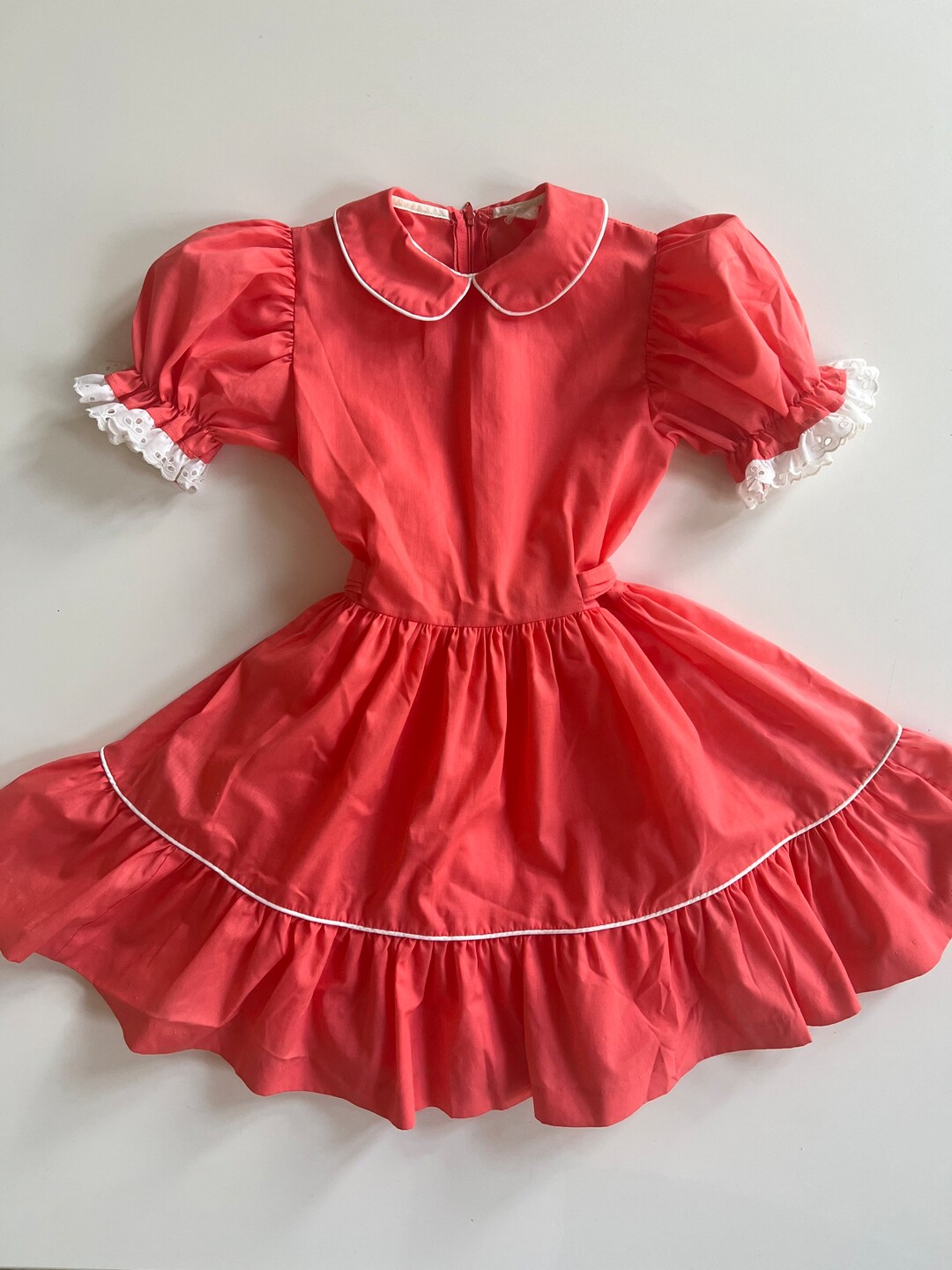 Vintage Peach Easter Dress Puff Sleeve Ruffle Dress Bow Tie Waist Dress