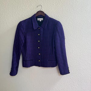 Vintage Royal Purple and Black Houndstooth Tweed Blazer with Intricate Buttons by Helene Sidel Womens Sz 12 Blazer Fall Winter Tweed Jacket