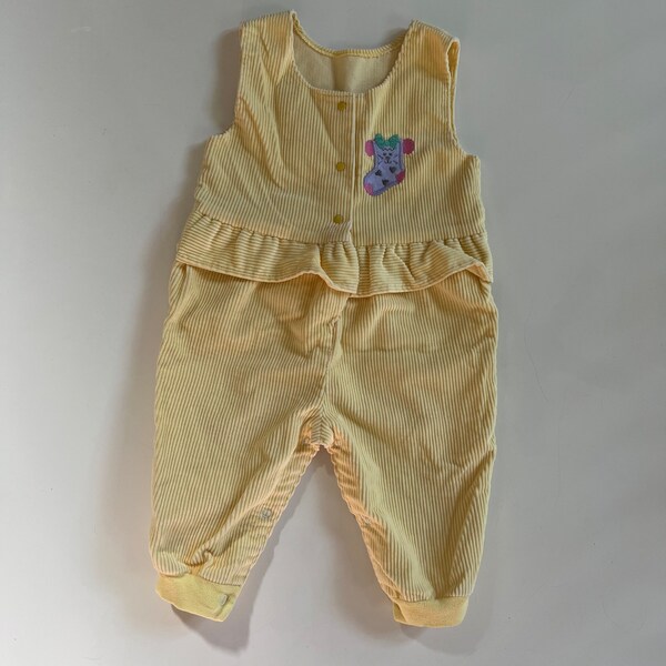 Vintage Yellow Corduroy Overalls with Ruffle Peplum  Purple Silly Sock Patch Yellow Pastel Corduroy Overall by Healthtex Toddler Girl Pants