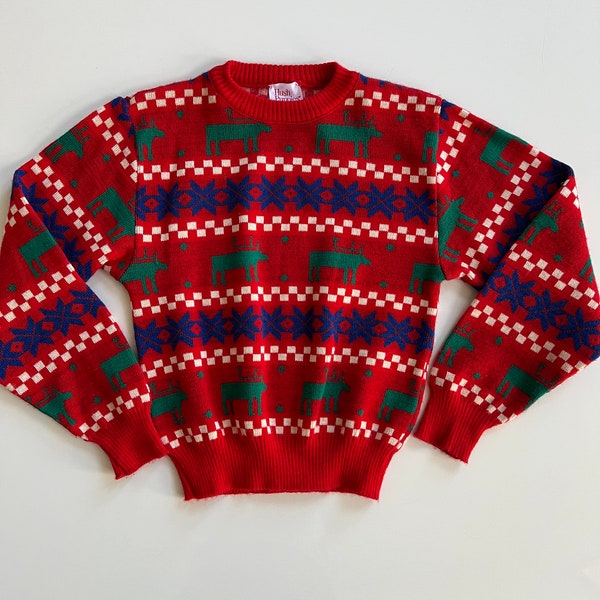 Vintage Red Knit Sweater with Blue Snowflakes and Green Reindeer White Checks by Hush Puppies Young Boy Knit Sweaters Red Winter Acrylic