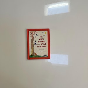 May include: A small, vintage children's book titled "The Witch Who Was Afraid of Witches." The cover is red with illustrations of a tree, a witch, and a pumpkin. The book is a whimsical tale.