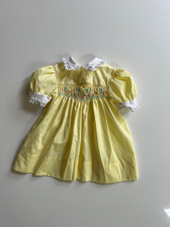 Vintage Yellow Smocked Baby Dress Puff Sleeve Spri