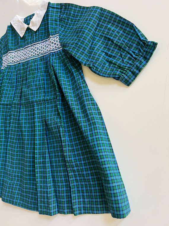 Vintage Plaid Holiday Dress 3T Girl Green and Blu… - image 2