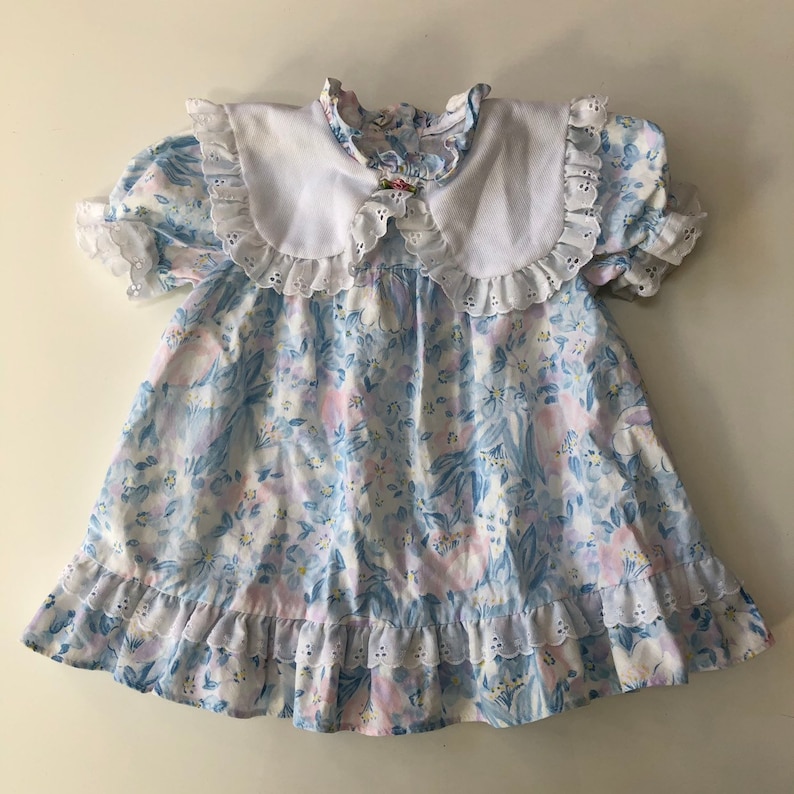 Vintage Blue and Pink Floral Dress by Evy with Lacey Collar