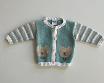 Vintage Cotton Knit Cardigan with Bears Pastel Green and Tan and White Cotton Sweater Baby by Mulberribush Infant Green Seater Cute Cardigan