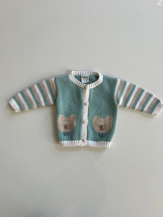 Vintage Cotton Knit Cardigan with Bears Pastel Gre