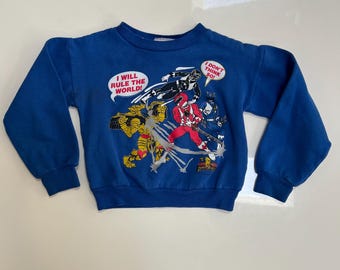 Vintage 90s Power Rangers Crewneck Pullover Sweatshort Cobalt Blue with Mighty Morphin Power Rangers Screen Print Amazing Action Hero